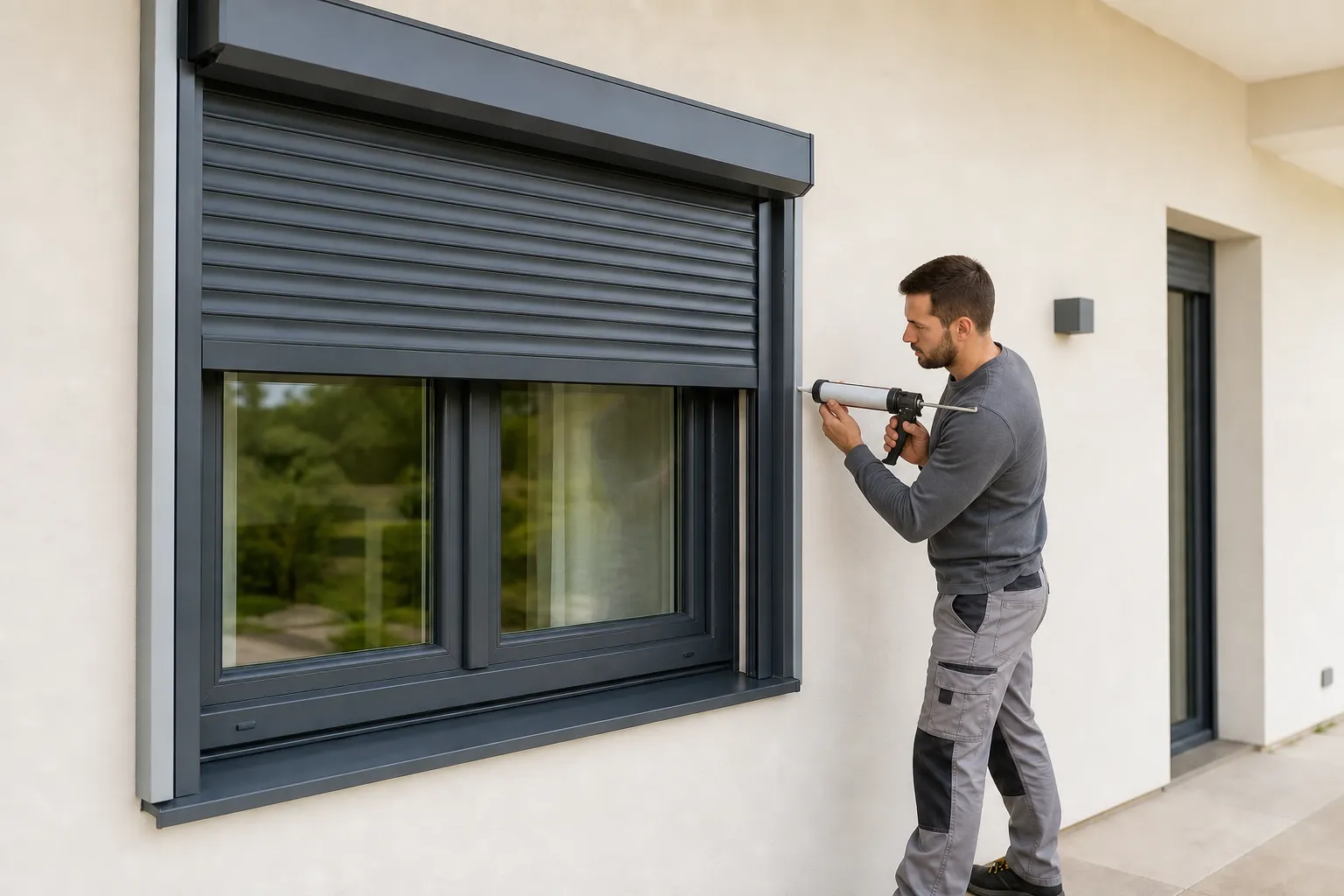 Professionnel installant un tablier de volet roulant